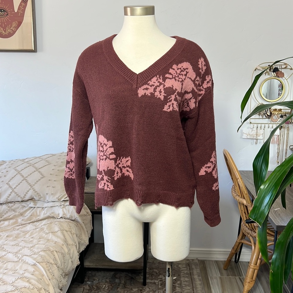 V-neck sweater destructive hem floral mauve MAURICES